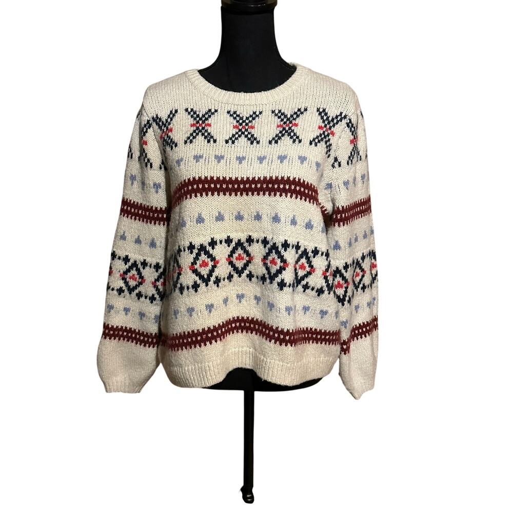 Old Navy Women Medium Fair Isle Sweater Cream Burgundy Knit Chunky Winter